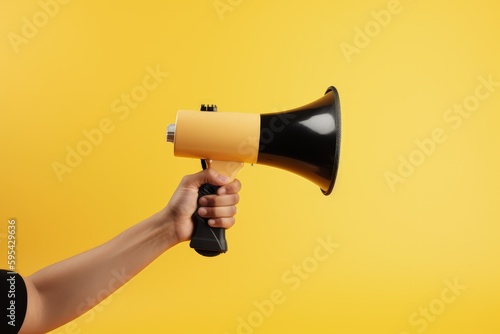 Hand with megaphone isolated on yellow background, Generative AI