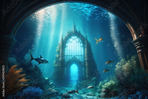 Kingdom of Atlantis, Ancient ruins of the city of Atlantis under the sea, lost kingdom of Atlantis, Generative AI © Kaleb