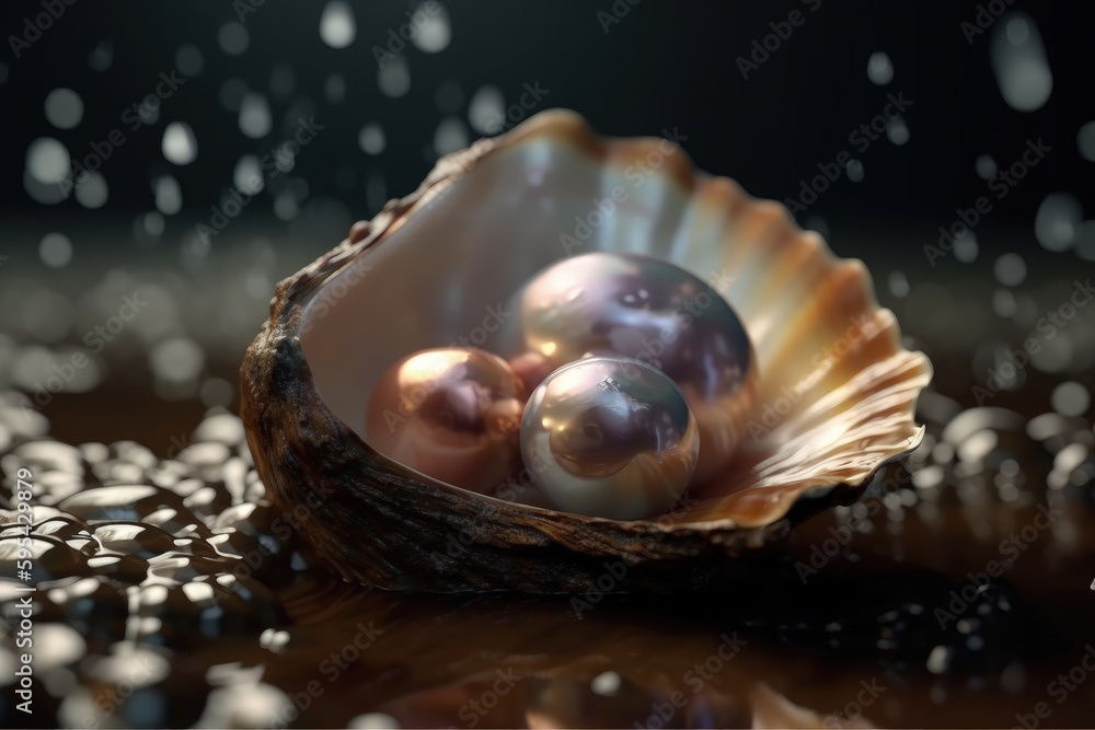 Oyster with pearl, open oyster, open oyster close up view, Generative AI Oyster with pearl, open oyster, open oyster close up view, Generative AI