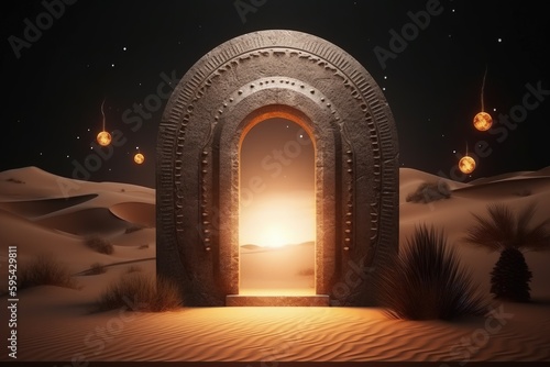 Magic portal in the desert, portal to fantasy dimension, magic arch with lights in the desert, Generative AI 