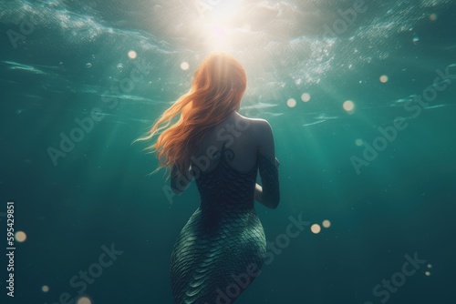 Mermaid swimming in the sea, Mermaid from the back, Generative AI