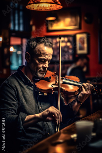 Musician playing violin in Irish pub, trad music session. Generative AI photo