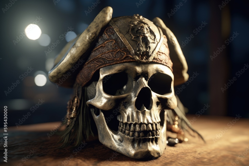 Skull with pirate hat, pirate skull, Generative AI Skull with pirate hat, pirate skull, Generative AI