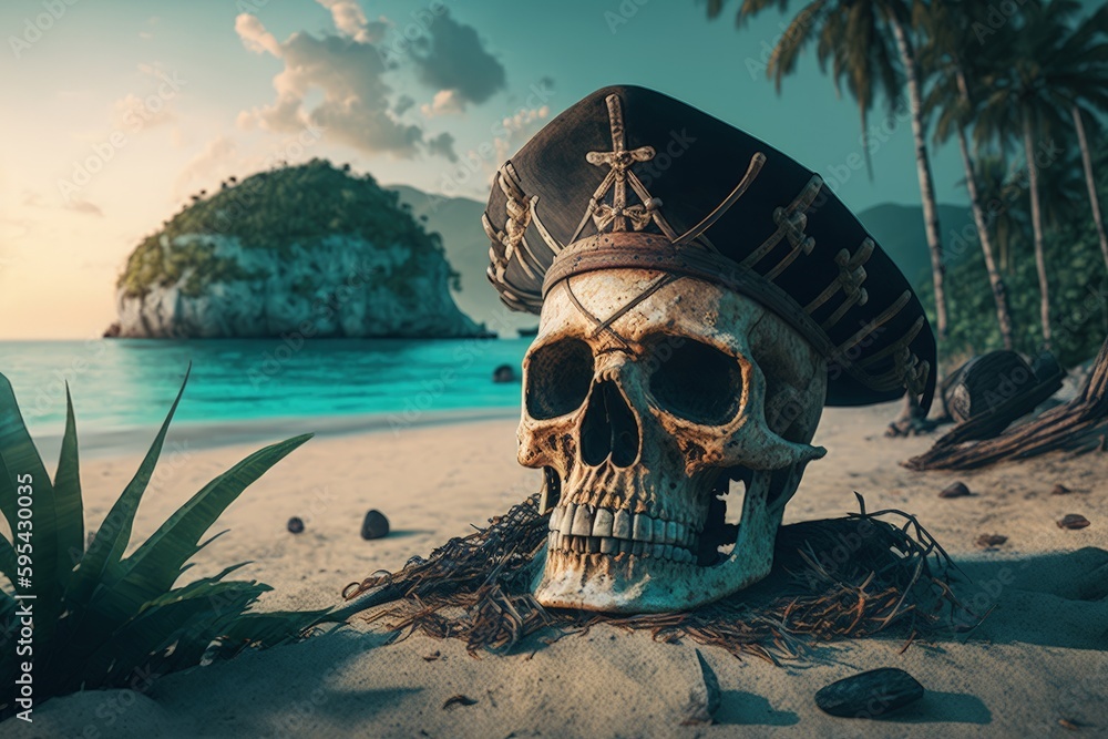 Obraz premium Skull in pirate hat on tropical island beach, pirate skull on paradise island, Generative AI
