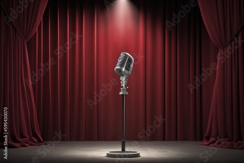 Stand up comedy stage with microphone, red curtain and lights, Generative AI