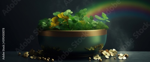 Pot of gold with four-leaf clovers and rainbows in the background, Golden vase with shamrocks, Generative AI
