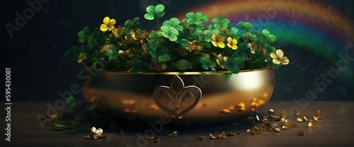 Pot of gold with four-leaf clovers and rainbows in the background, Golden vase with shamrocks, Generative AI