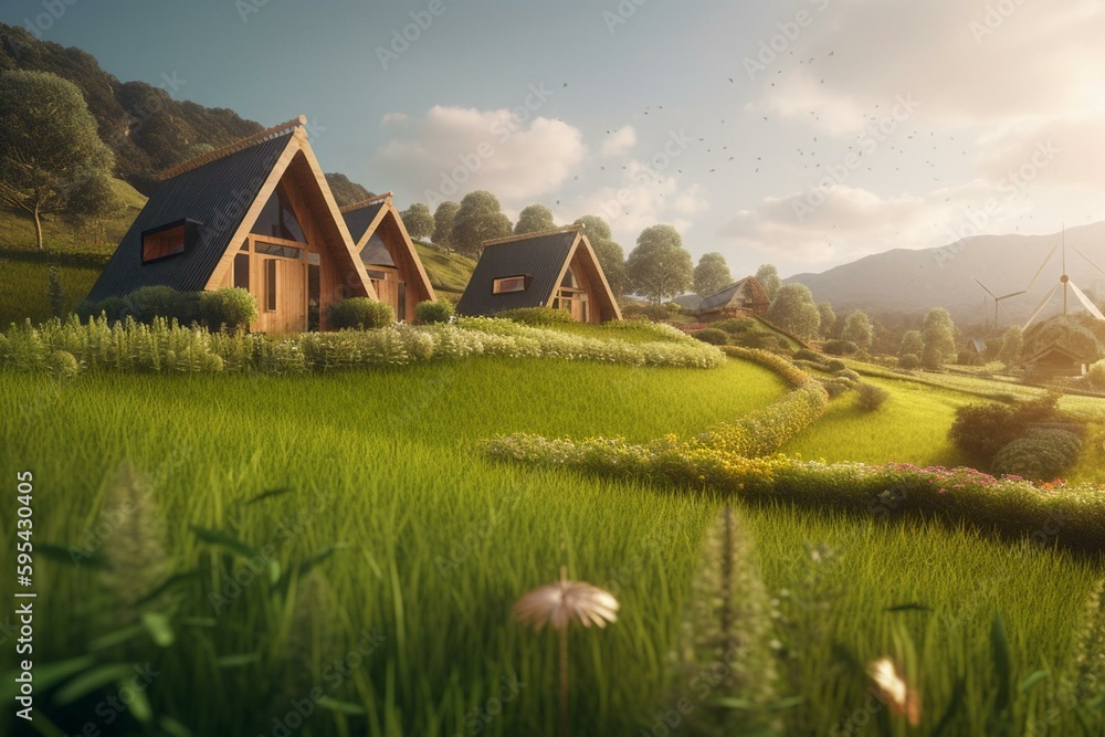 A 3D rendering of a sustainable eco village with house symbols on a spring meadow. Generative AI