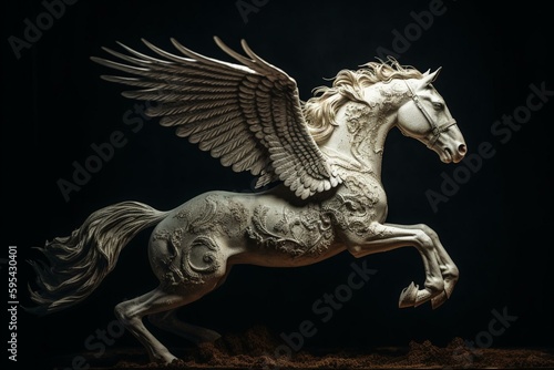 Imaginative artwork of a flying  ivory-hued horse with wings. Generative AI