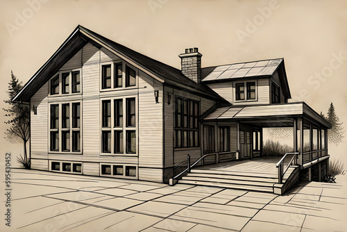 Pencil sketch of building, house, villa, Generative AI