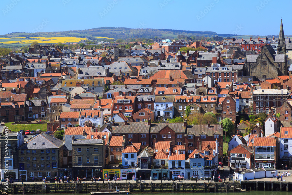 England, North Yorkshire, Whitby. Seaside town, port, civil parish in the Borough of Scarborough. Whitby has an established maritime, mineral and tourist economy. May 5, 2017
