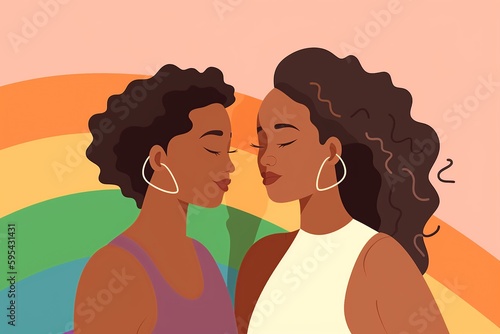 two hispanic latin lesbian women in love with pride rinbow flag colors at the background photo