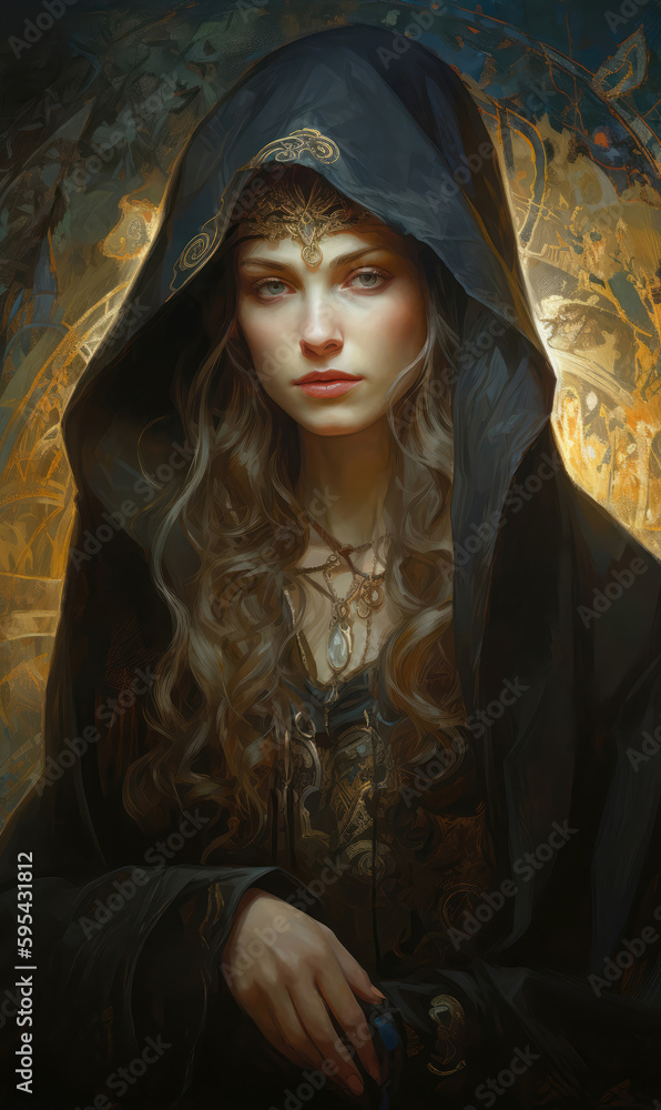 Fantasy art, mysterious female wizard, painting, oil, digital illustration, generated by AI Fantasy art, mysterious female wizard, painting, oil, digital illustration, generated by AI