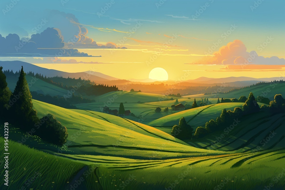 Flat cartoon style illustration of idyllic summer field, green hills, blue sky and countryside background at dawn. Generative AI