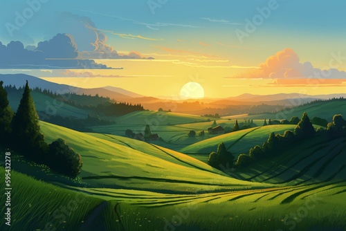 Flat cartoon style illustration of idyllic summer field  green hills  blue sky and countryside background at dawn. Generative AI