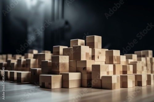 Wooden blocks stacked on a white table with a gray background and white wall. Generative AI