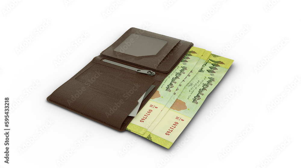 3D rendering of Yemeni Rial notes in wallet 3D rendering of Yemeni Rial notes in wallet