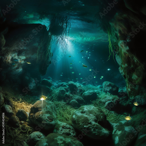  deep underwater cave with glowing bioluminescent creatures, rocks, and seaweed