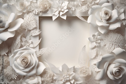 3D white paper flower square frame on floral background, blank decorative banner for greeting cards. Generative AI