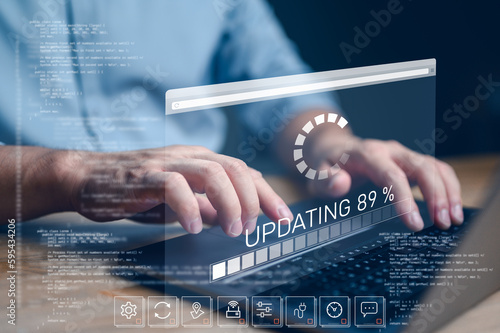 Update software application and hardware upgrade technology concept, Software update or operating system upgrade, Updating progress bar on computer screen. Installing app patch.