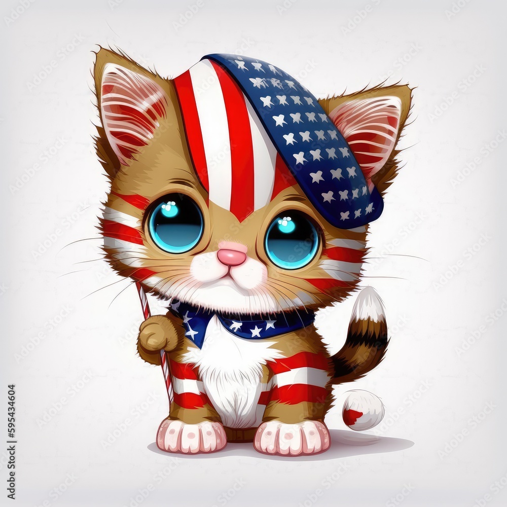 Fototapeta premium Kitten cartoon style wearing American flag costume
