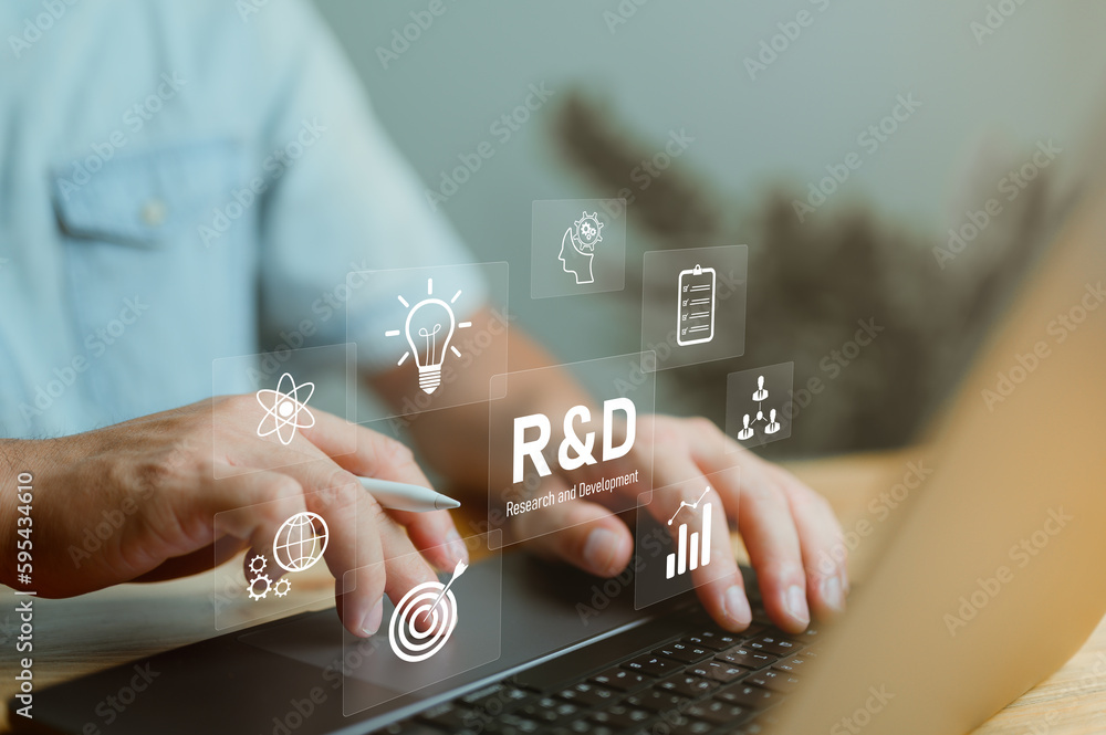 Businessman working with r and d sign. R D icon network business technology concept, R&D, Research and development, strategy, action plan, manage and working project more efficiently. - obrazy, fototapety, plakaty 