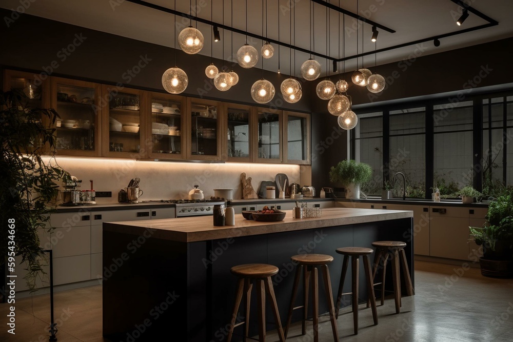 LED-lit contemporary kitchen. Generative AI