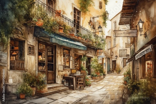 Watercolor depiction of a charming European old town street with houses  cafe  and shops. Suitable for printing  invitations  postcards  and labels. Generative AI