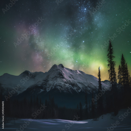 stunning aurora borealis in a starry night sky with trees and mountains in the foreground