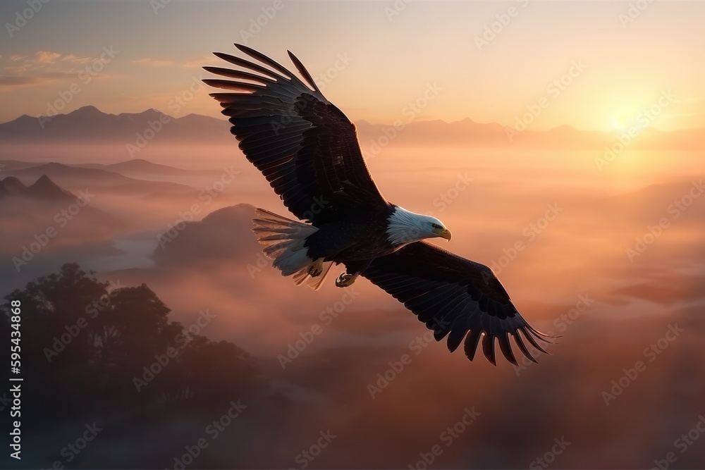 Fototapeta premium African Fish Eagle flying high above the clouds with sun