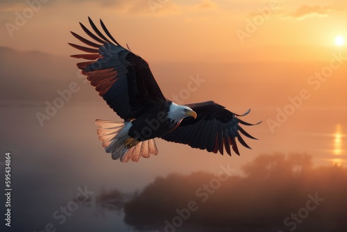African Fish Eagle flying high above the clouds with sun © Man888