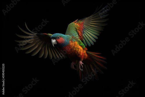 Colourful flying Ara on a dark background