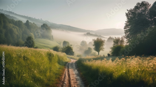 a dirt road in the morning with fog. Generative AI