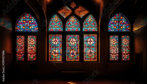 Multi colored stained glass illuminates ancient cathedral spirituality generated by AI