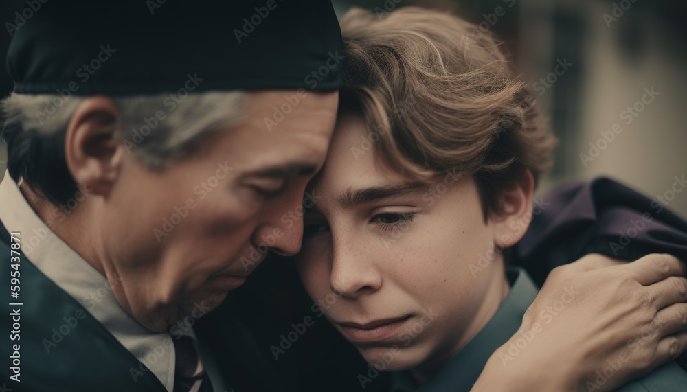 Father embracing son in cheerful outdoor portrait generated by AI