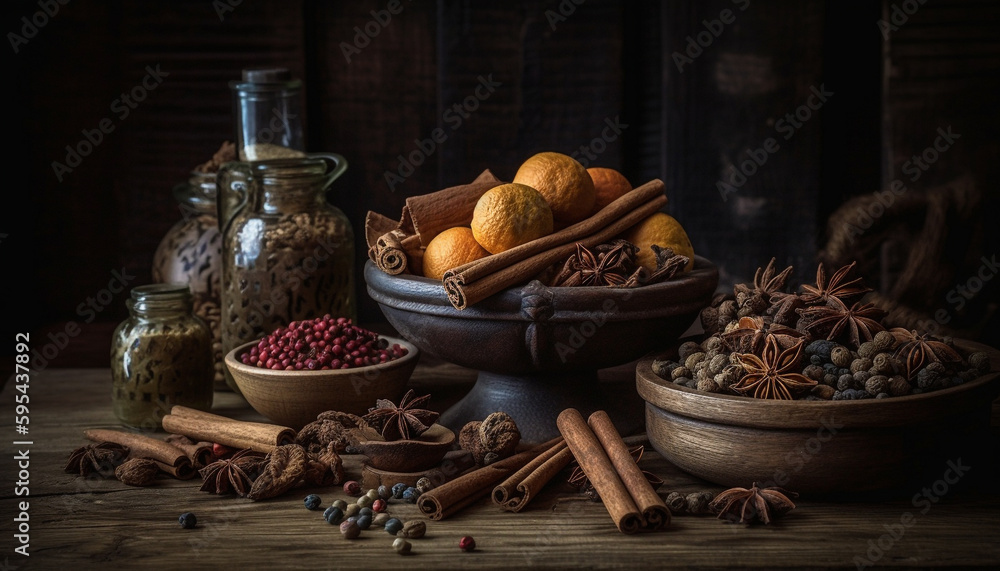 Organic spices decorate wooden table, enhancing food generated by AI