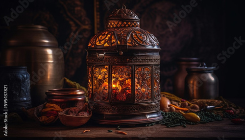 Ornate lantern illuminates rustic table for Ramadan celebration generated by AI