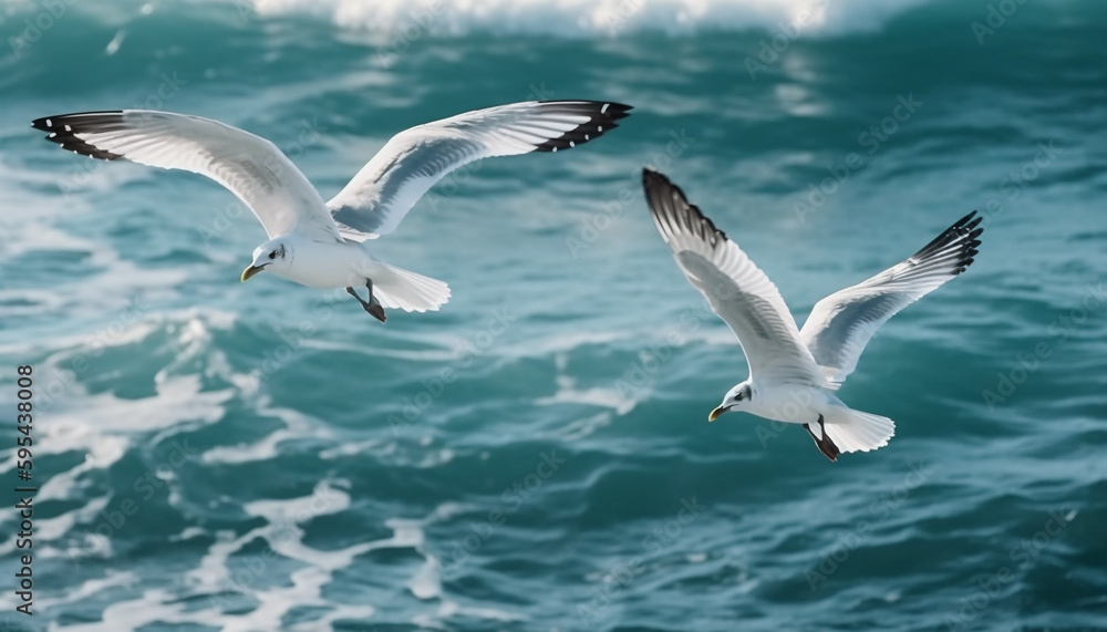 Seagull gliding above tranquil sea, taking off generated by AI