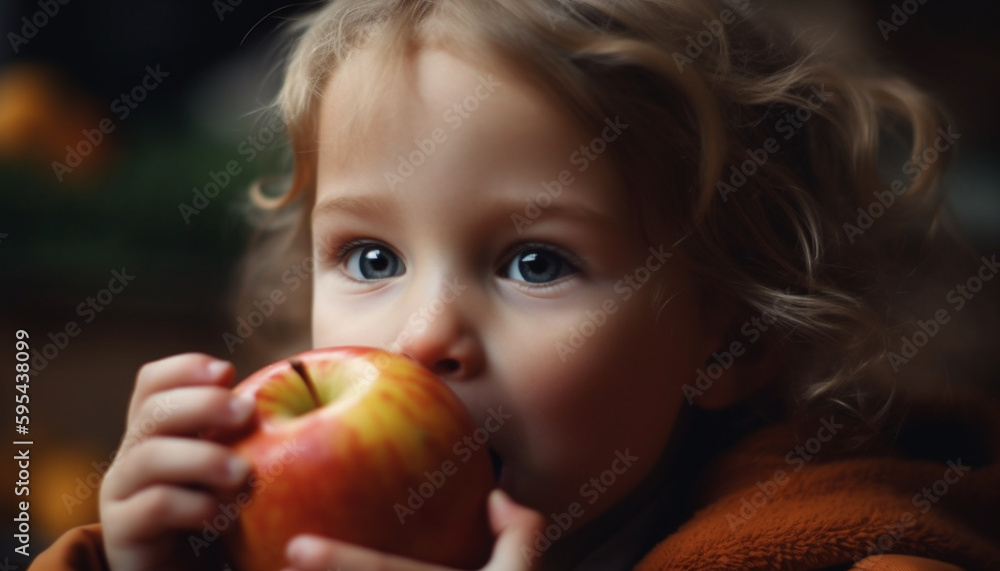 Smiling toddler eating apple, healthy lifestyle indoors generated by AI Smiling toddler eating apple, healthy lifestyle indoors generated by AI