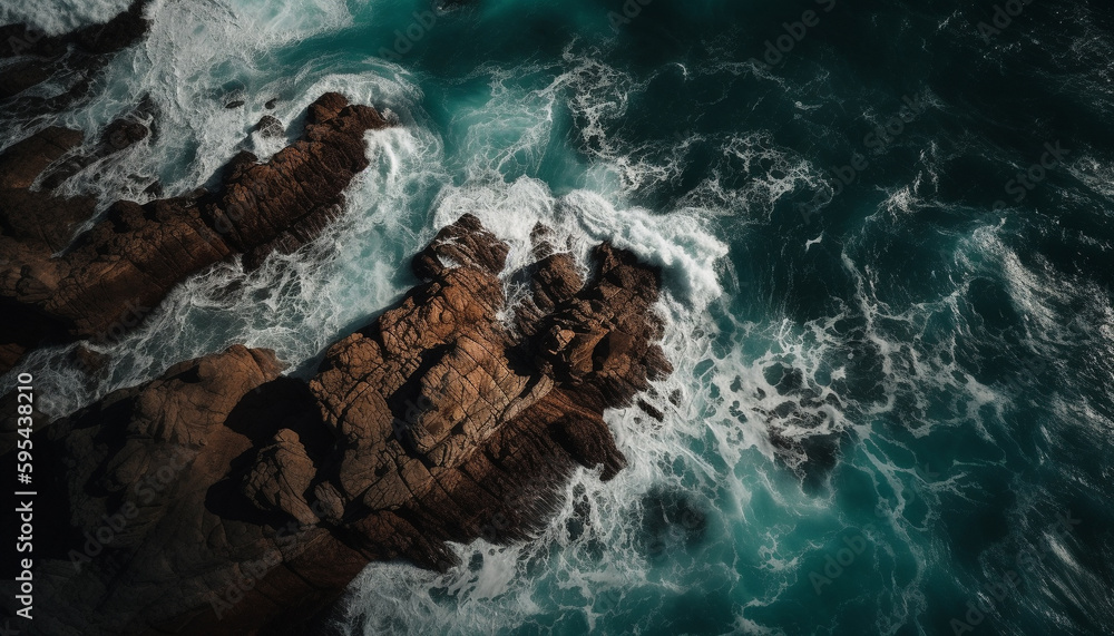 Obraz premium Breaking waves crash against rocky coastline beauty generated by AI