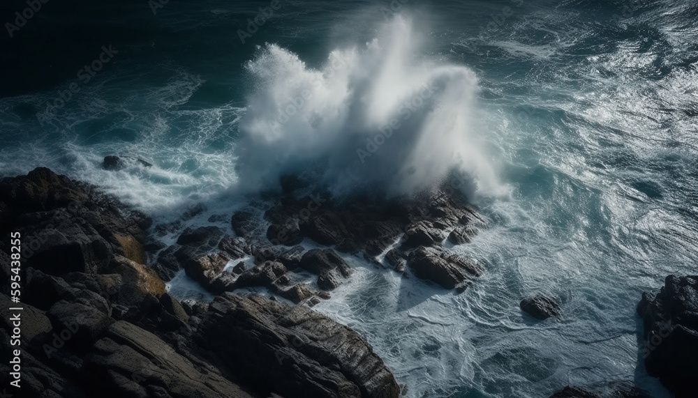 Breaking waves crash against rocky coastline at dusk generated by AI
