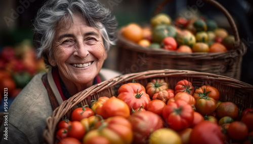 Smiling senior woman holding fresh organic tomatoes generated by AI