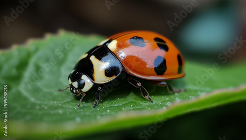 Spotted ladybug crawls on green leaf outdoors generated by AI