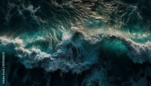 Breaking waves crash on dark tropical coastline generated by AI