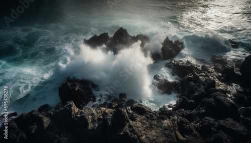 Breaking waves crash against rocky cliff edge generated by AI
