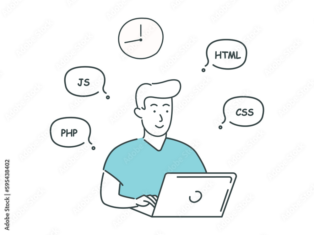 Illustration of a programmer working, web developer, man working with laptop, coding people Illustration of a programmer working, web developer, man working with laptop, coding people