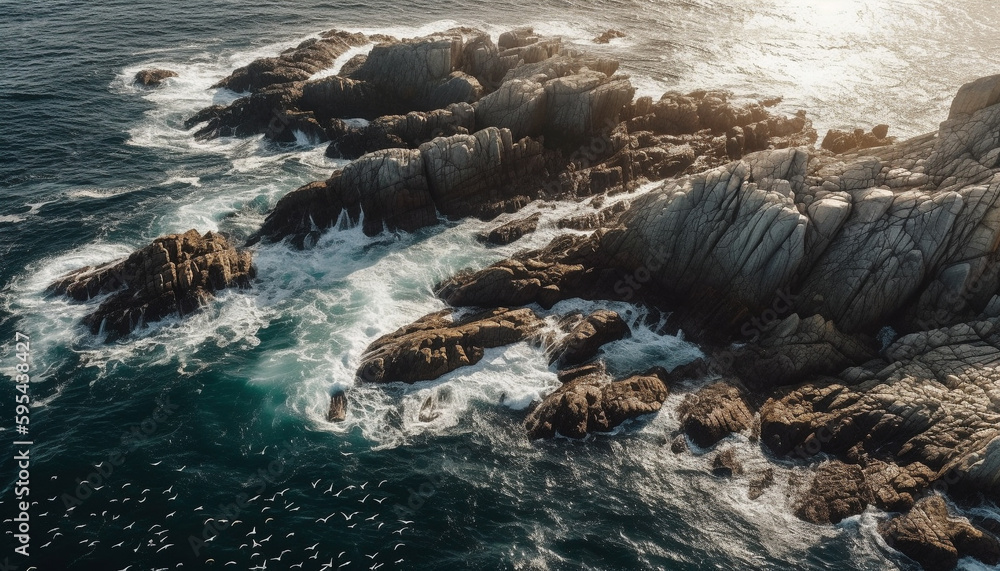 Obraz premium Breaking waves crash against rocky coastline, idyllic beauty generated by AI