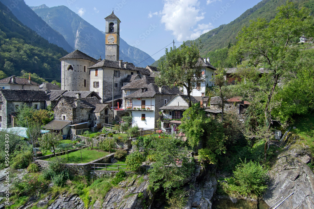 Lavertezzo village stone houses in Verzasca Valley, Ticino canton, Switzerland