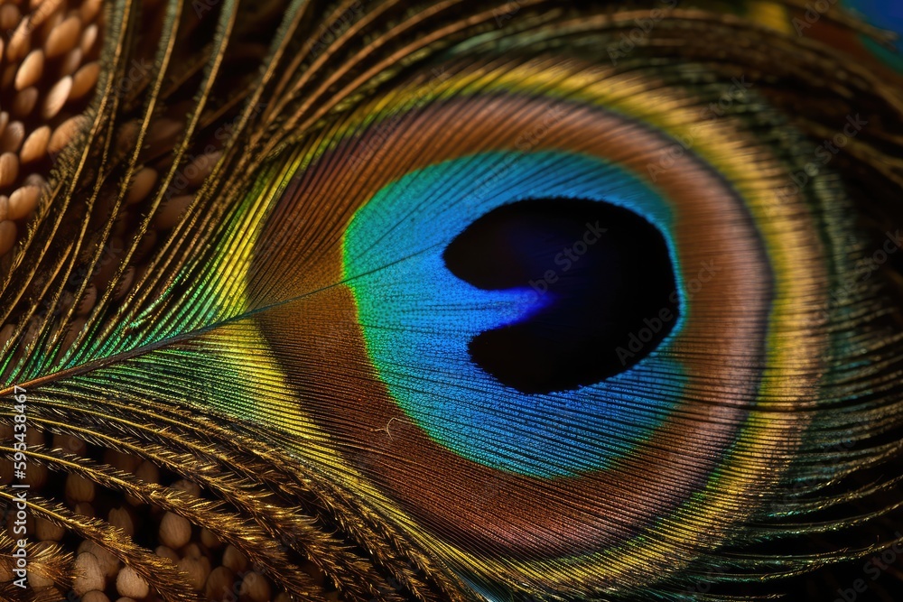 Fototapeta premium A close-up of a peacock's eye, showing the intricate patterns and colors of its feathers.