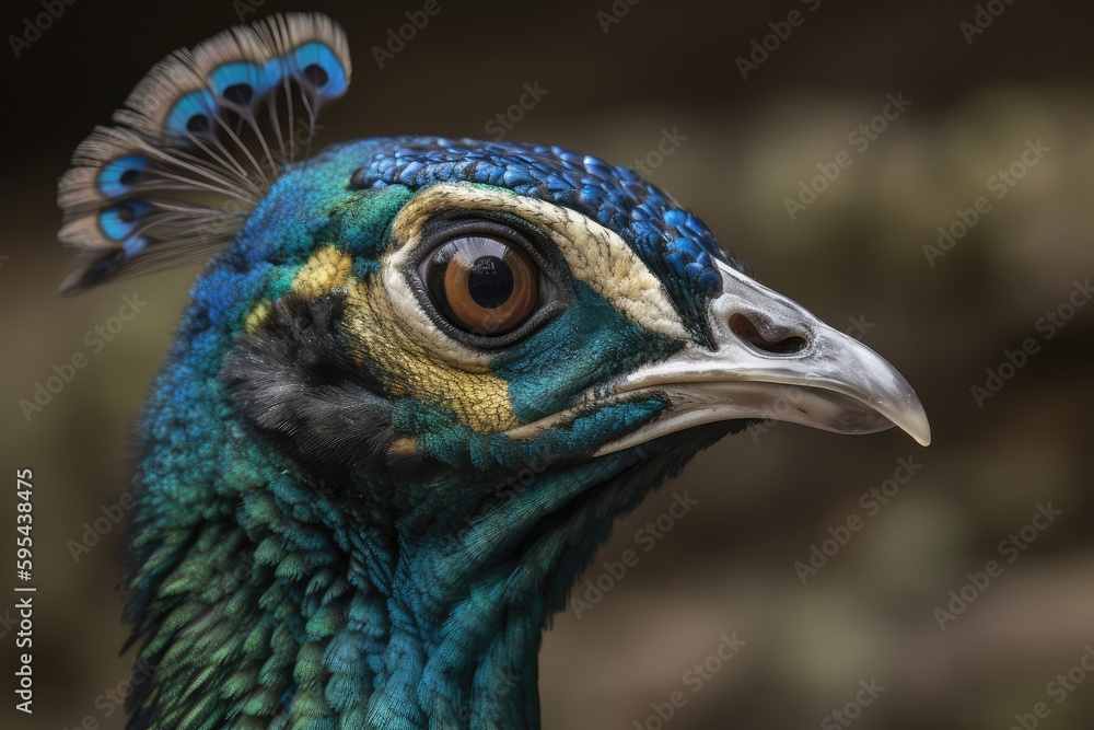 A close-up of a peacock's head, showing its distinctive blue and green coloring and intricate eye markings.